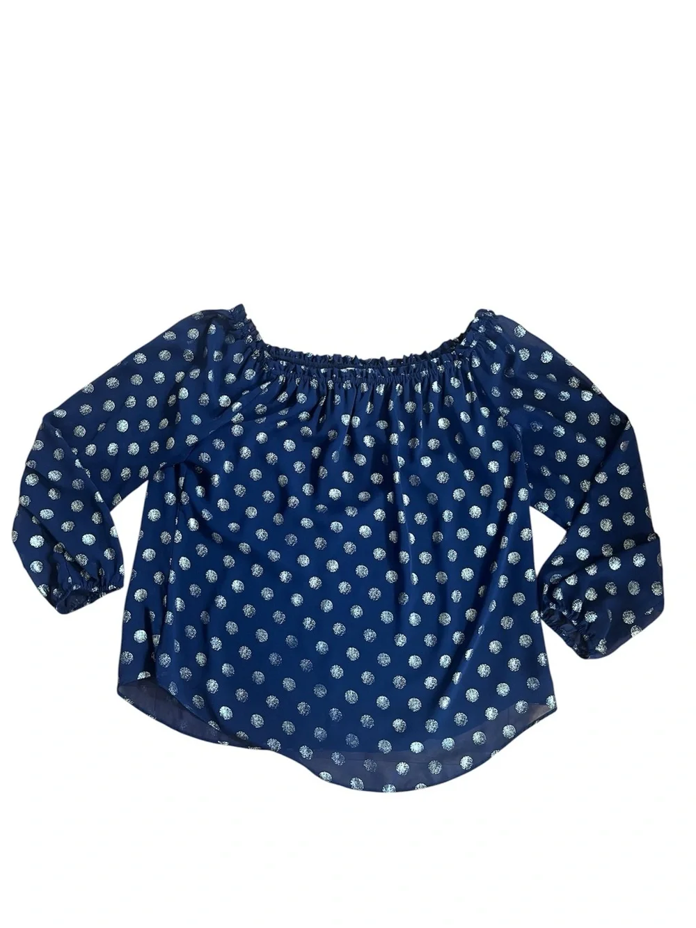 Joseph Ribkoff Navy and Gold Polka Dot Off-Shoulder Pillow Sleeve Ruffle Blouse - Picture 3 of 12